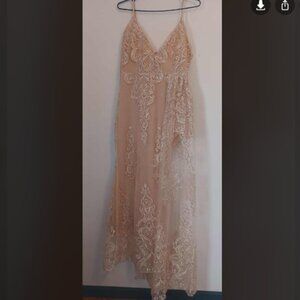 Beige Prom Dress voile Spaghetti-Straps Slit Mermaid Lace Size 10